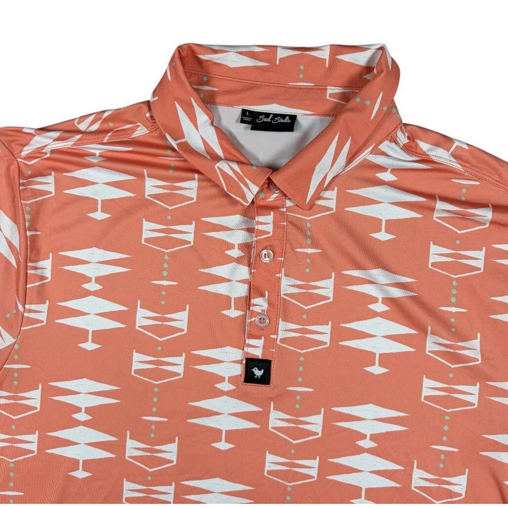 Bad Birdie Polo Shirt Golf Orange Geometric Performance Men Sz L Logo Stretch